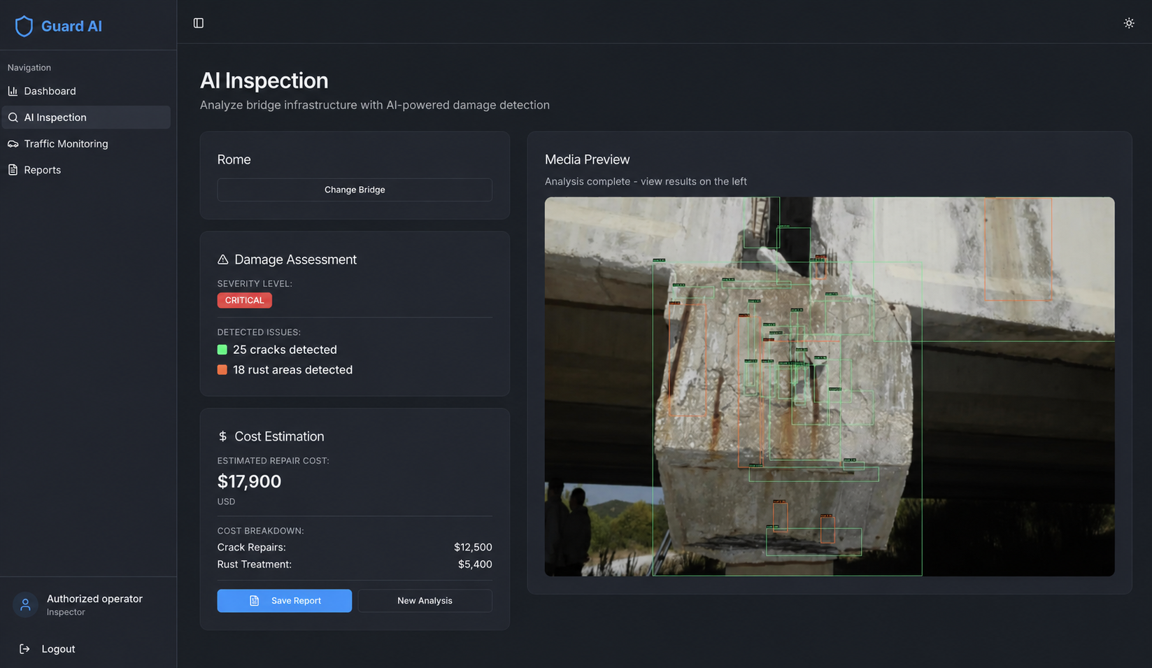 STRUCTURA AI Inspection showing detected cracks, rust areas, severity and repair cost