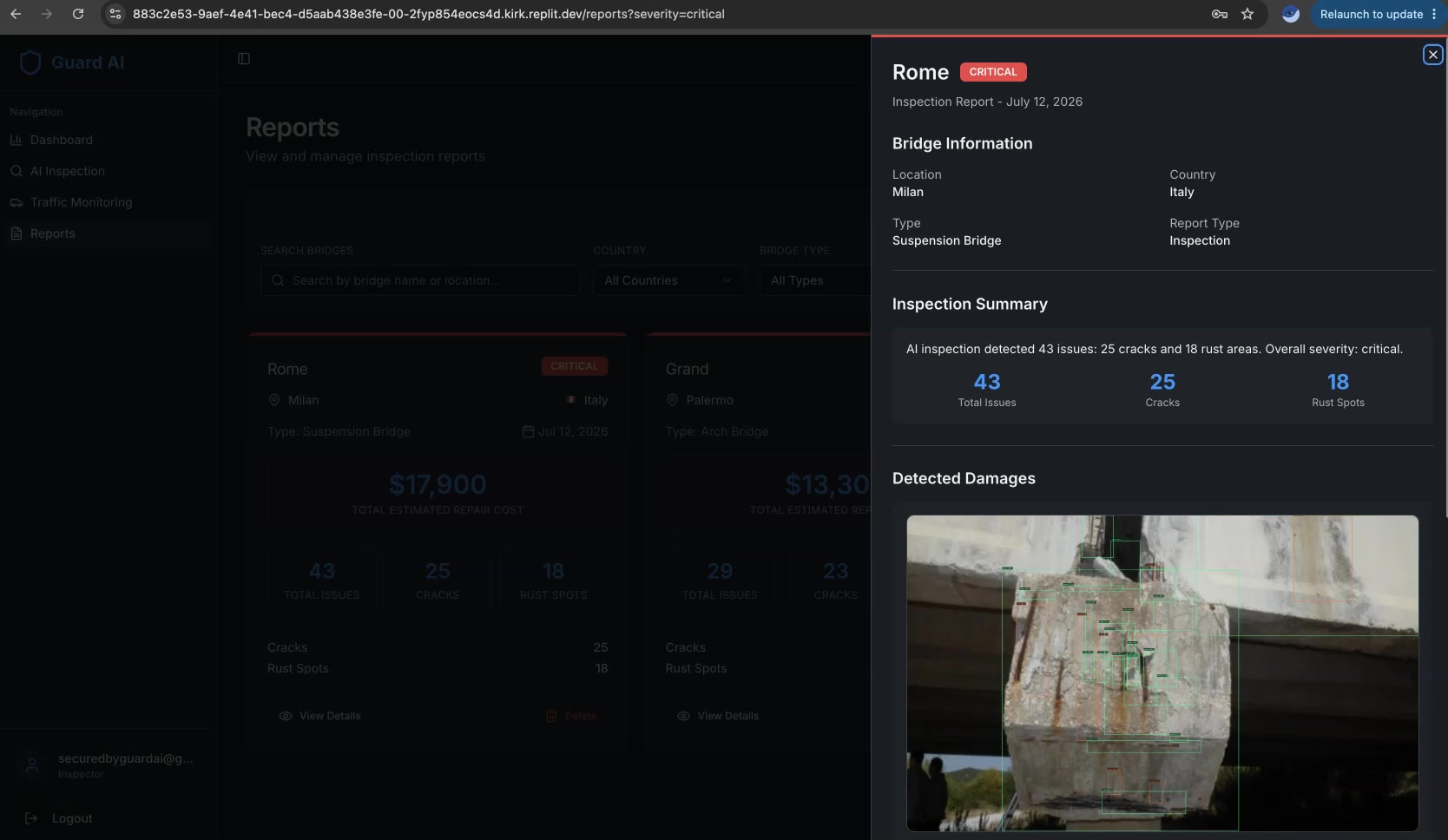 STRUCTURA reports dashboard showing infrastructure issues, severity and estimated repair costs