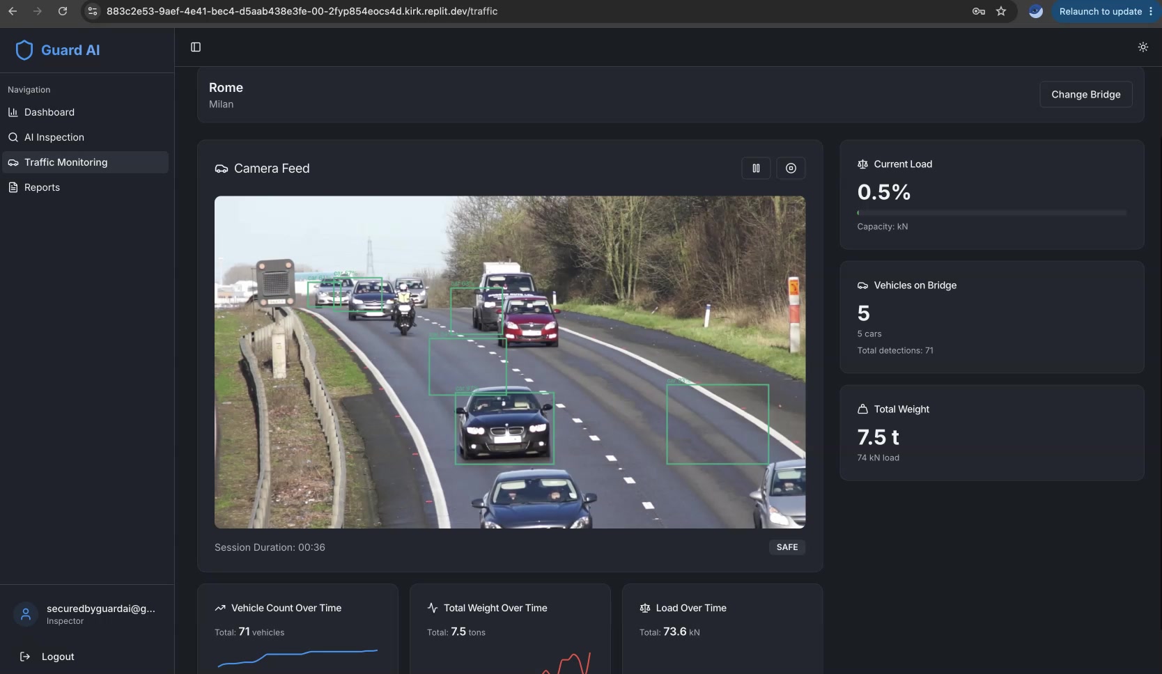 STRUCTURA live traffic monitoring showing detected vehicles, bridge load and total weight